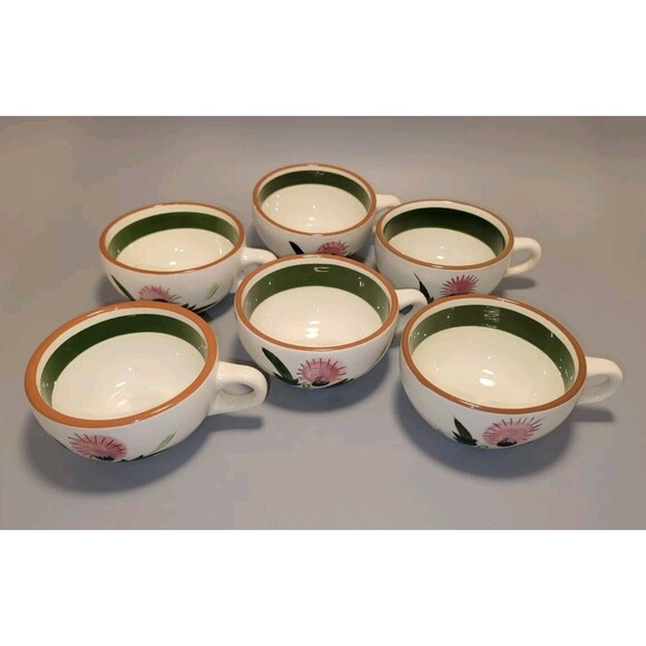 Stangl Pottery Coffee Tea Cups Set 6 Thistle Design Hand Painted Low Profile MCM - Picture 8 of 9